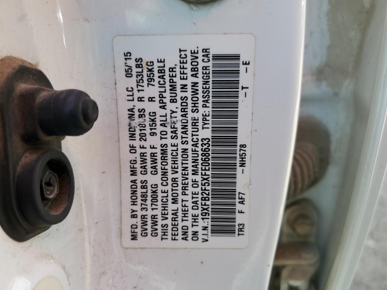 2015 Honda Civic VIN 19XFB2F5XFE068633 Copart auction photo, front end damage thumbnail 13