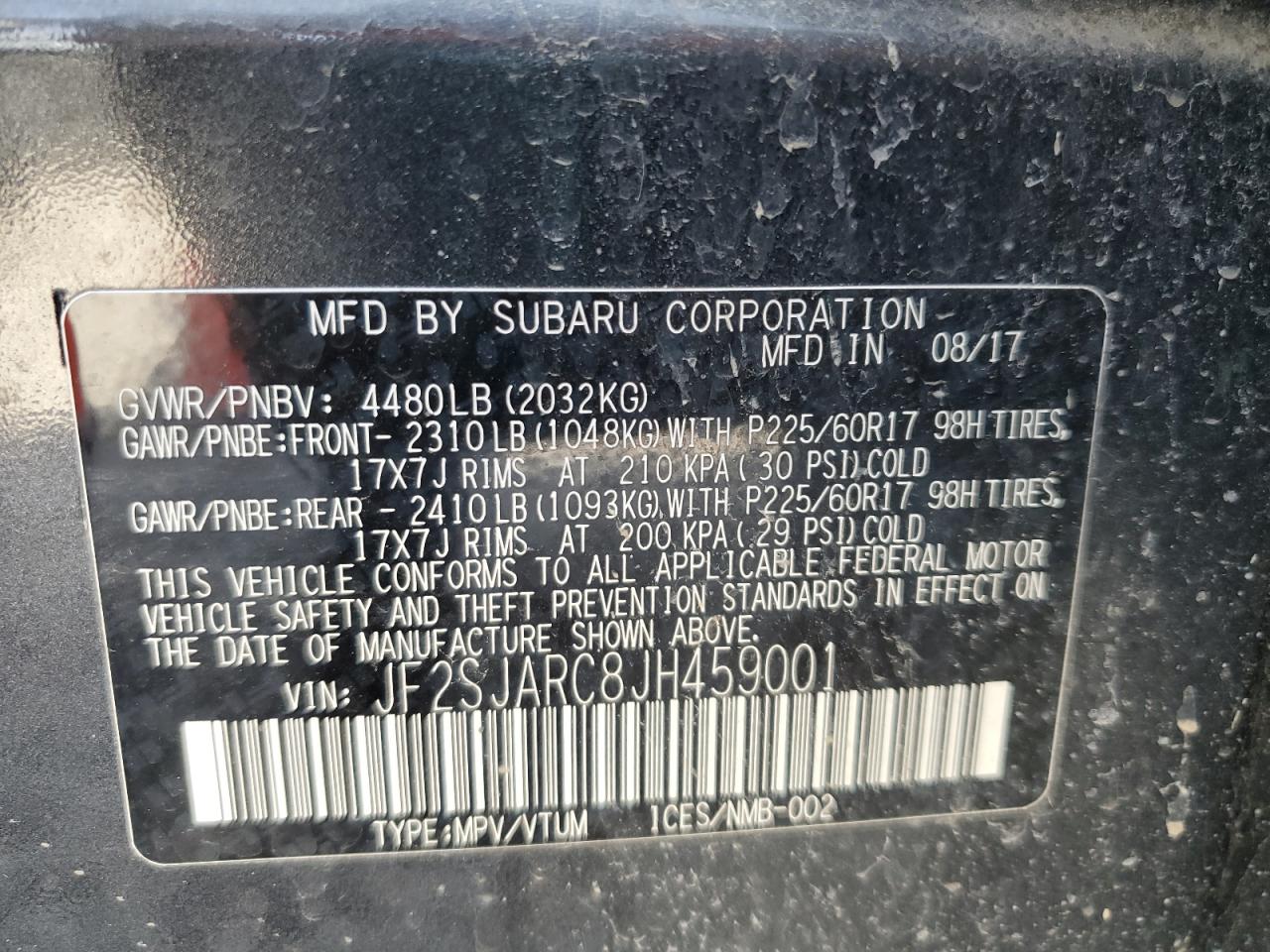 2018 Subaru Forester VIN JF2SJARC8JH459001 Copart auction photo, rear end damage thumbnail 14