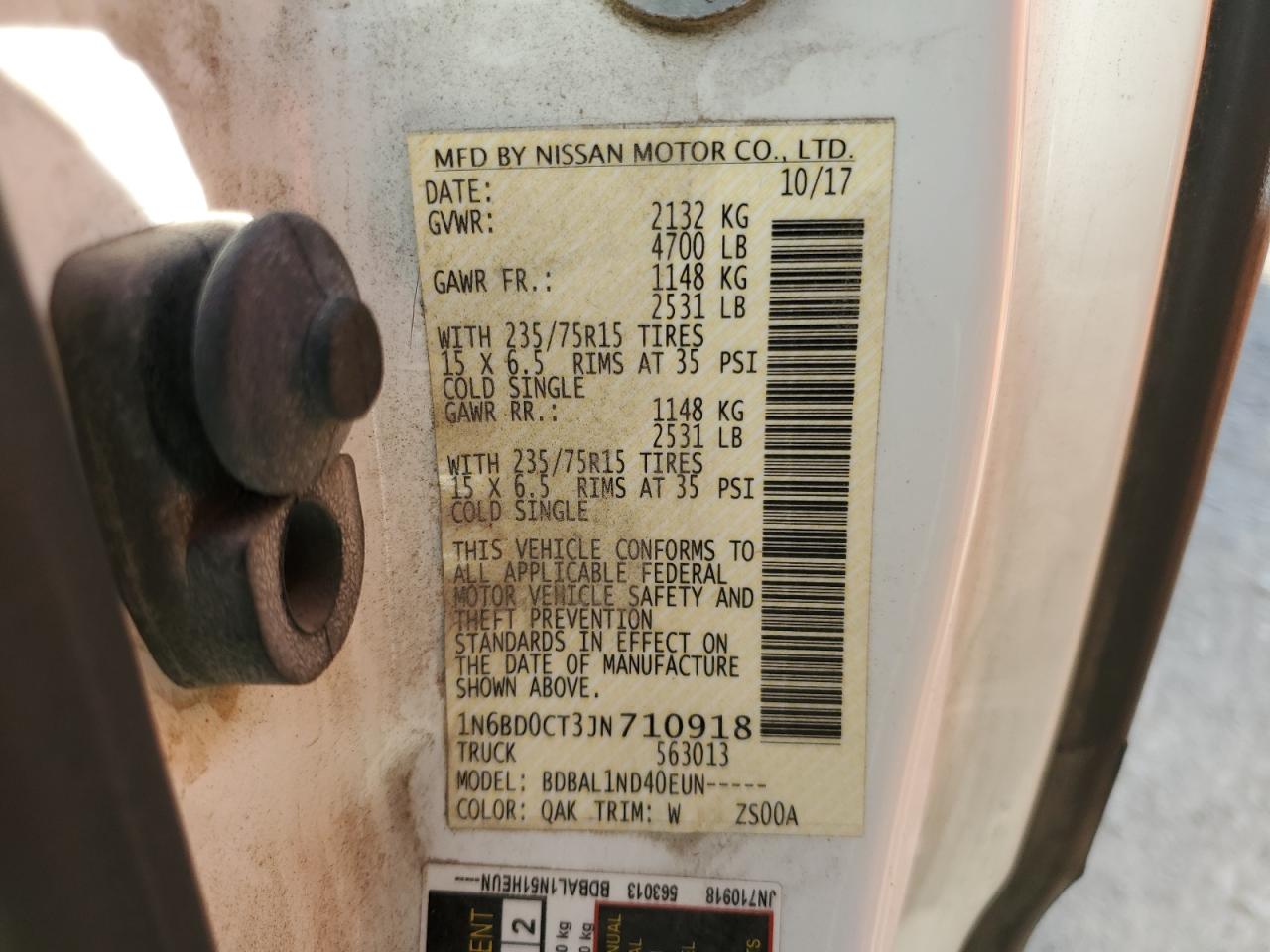 2018 Nissan Navara (Frontier) VIN 1N6BD0CT3JN710918 Copart auction photo, front end / side damage thumbnail 13