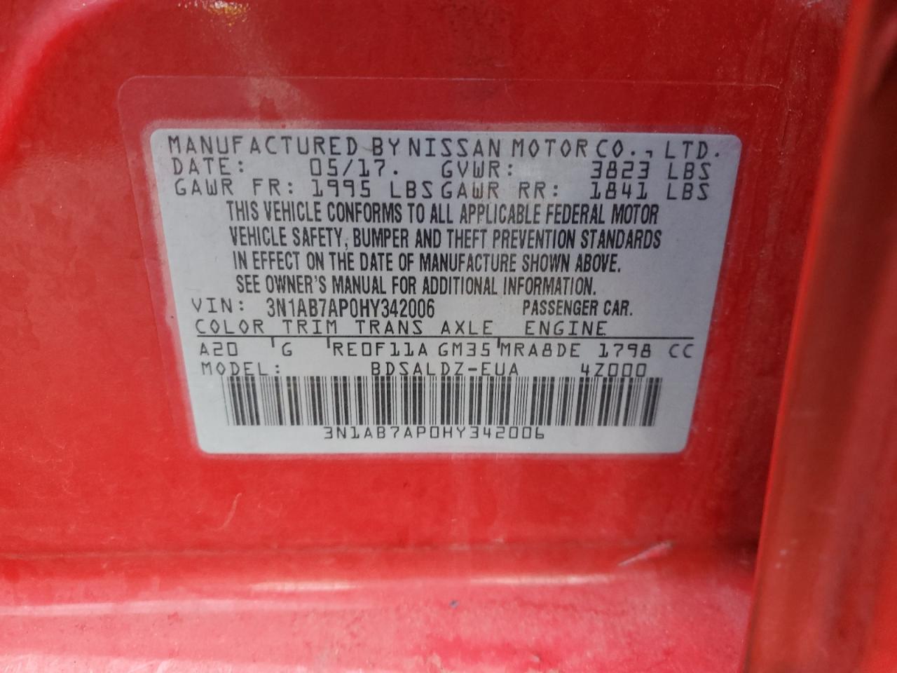 2017 Nissan Sentra VIN 3N1AB7AP0HY342006 Copart auction photo, front end / side damage thumbnail 12