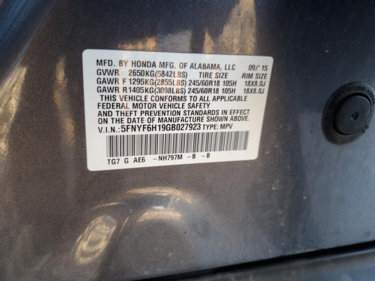 2016 Honda Pilot VIN 5FNYF6H19GB027923 Copart auction photo, front end damage thumbnail 13