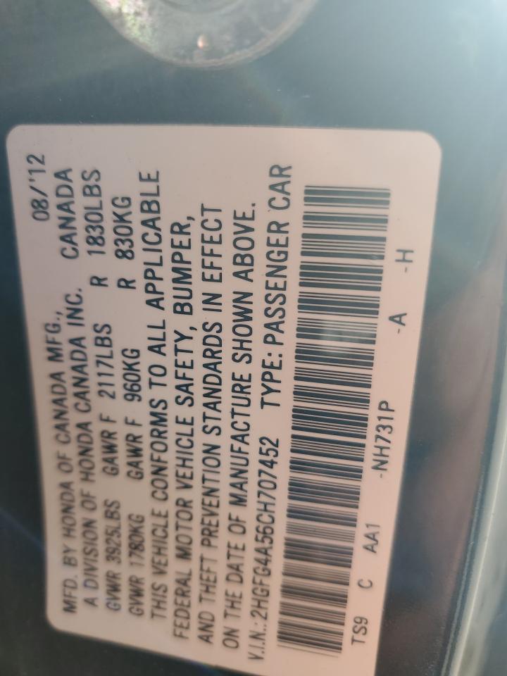 2012 Honda Civic VIN 2HGFG4A56CH707452 Copart auction photo, front end / side damage thumbnail 13