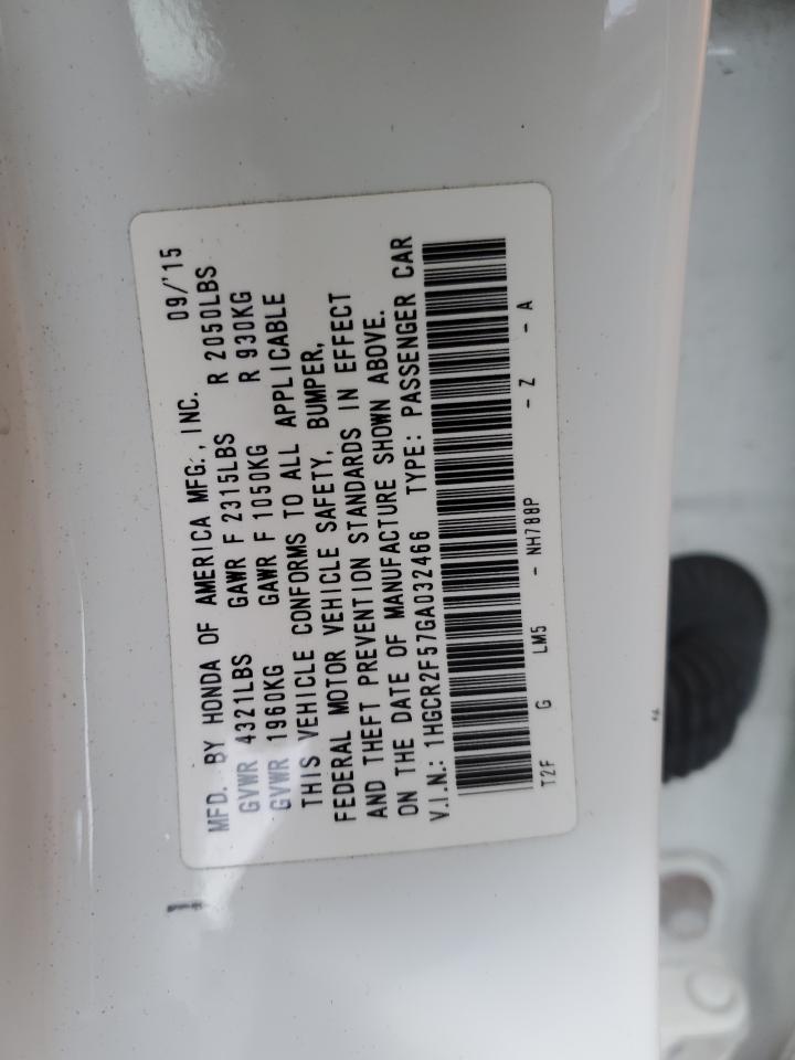 2016 Honda Accord VIN 1HGCR2F57GA032466 Copart auction photo, front end / minor dent/scratches damage thumbnail 12