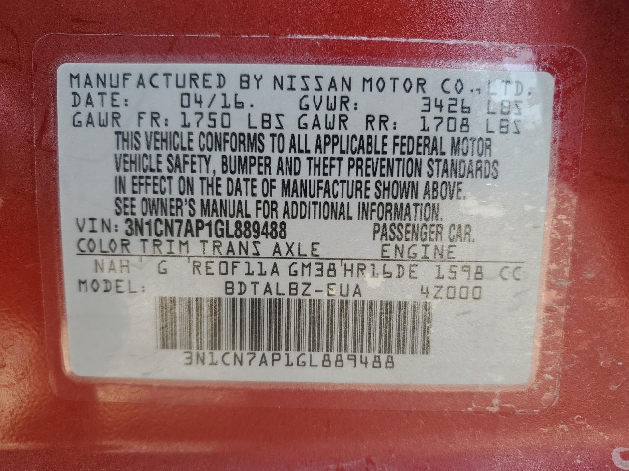 2016 Nissan Versa VIN 3N1CN7AP1GL889488 Copart auction photo, front end / minor dent/scratches damage thumbnail 13