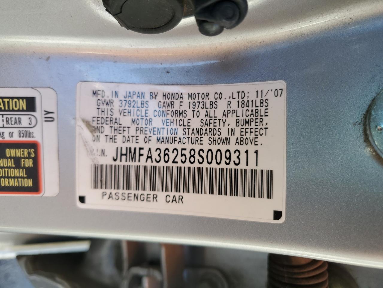 2008 Honda Civic VIN JHMFA36258S009311 Copart auction photo, rear end damage thumbnail 12