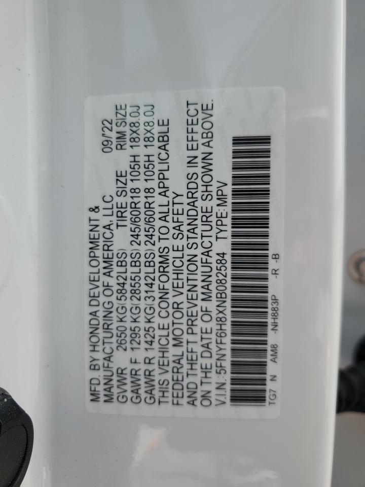 2022 Honda Pilot VIN 5FNYF6H8XNB082584 Copart auction photo, front end / minor dent/scratches damage thumbnail 15