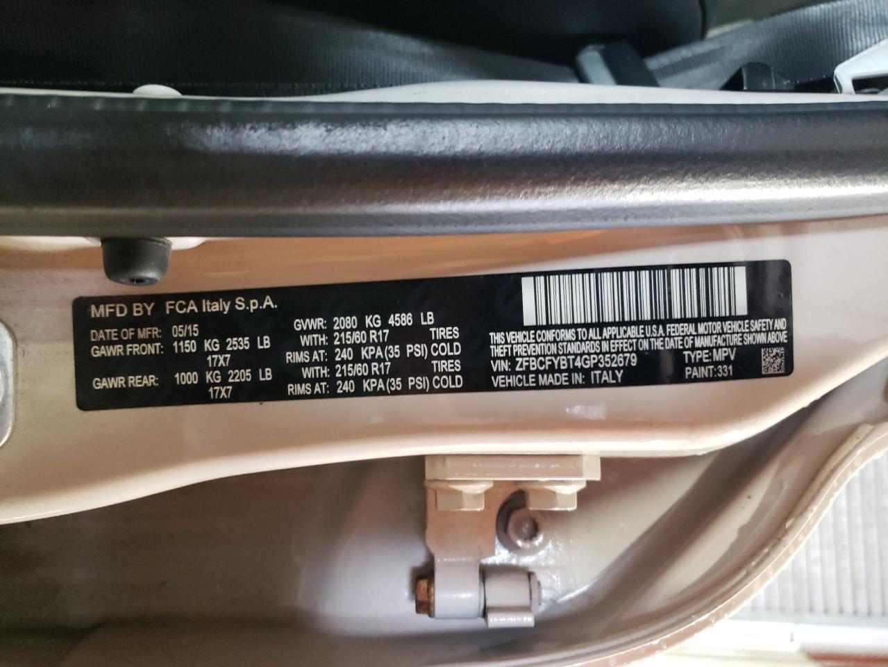 2016 Fiat 500 VIN ZFBCFYBT4GP352679 Copart auction photo, front end / undercarriage damage thumbnail 13
