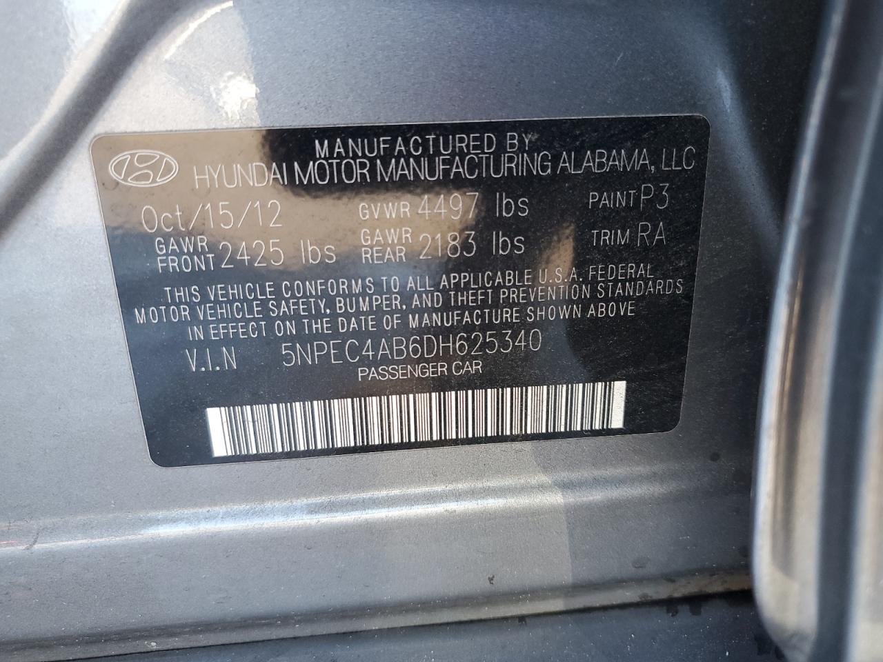 2013 Hyundai Sonata VIN 5NPEC4AB6DH625340 Copart auction photo, rear end damage thumbnail 13