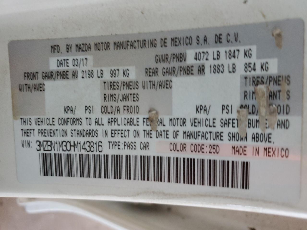 2017 Mazda 3 VIN 3MZBN1M30HM143816 Copart auction photo, all over damage thumbnail 14