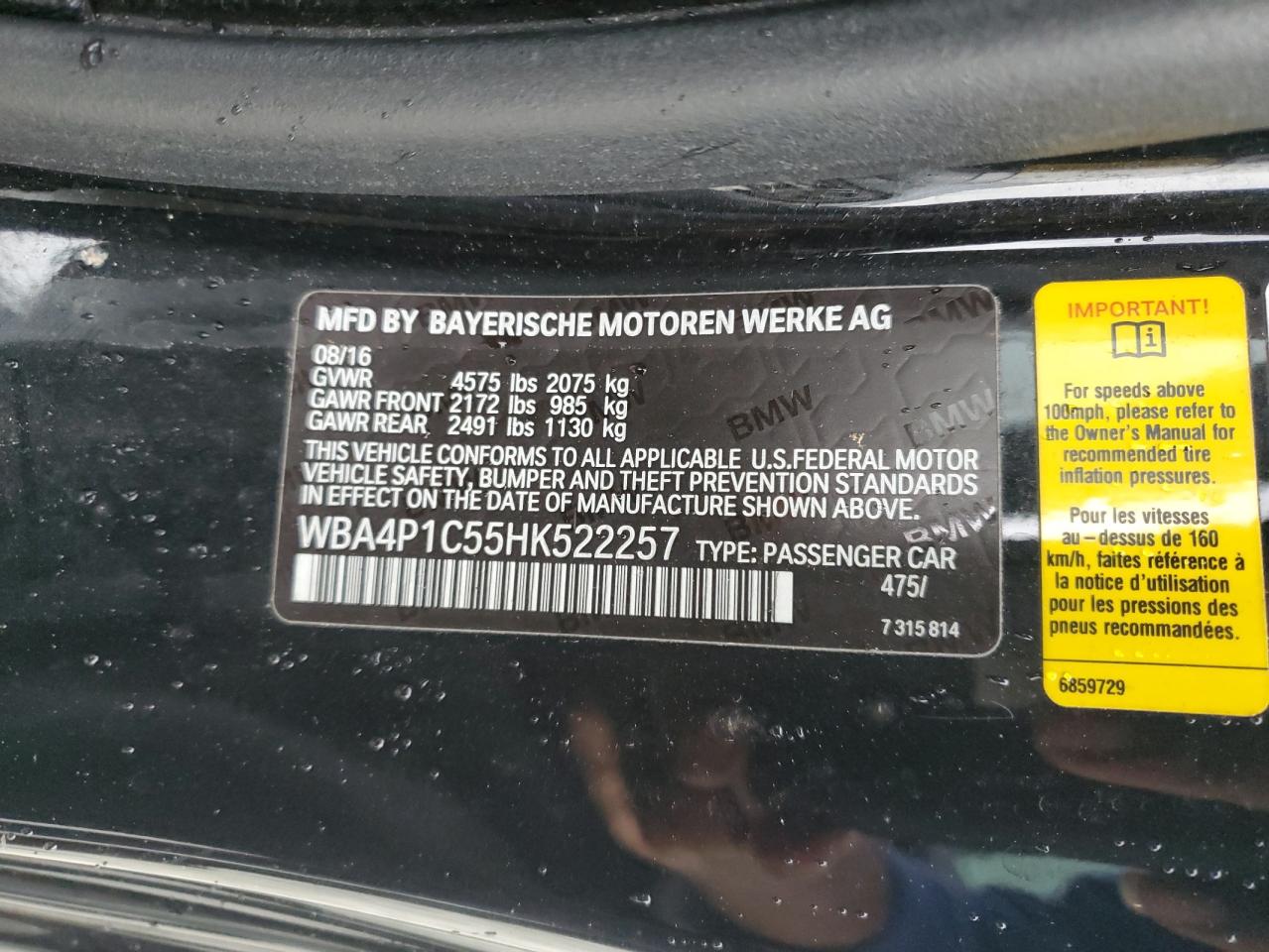 2017 BMW 4er VIN WBA4P1C55HK522257 Copart auction photo, rear end / front end damage thumbnail 12