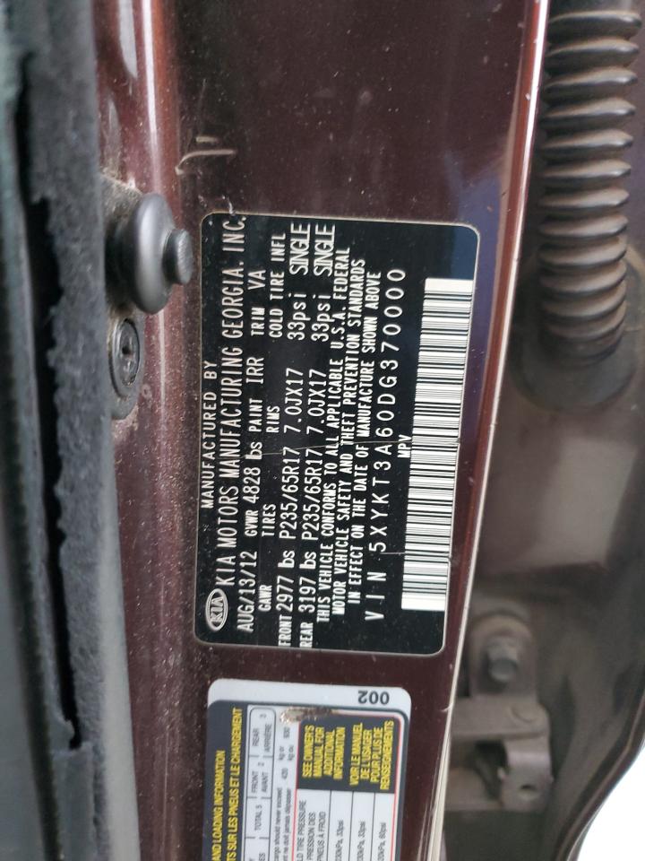2013 KIA Sorento VIN 5XYKT3A60DG370000 Copart auction photo, front end damage thumbnail 14