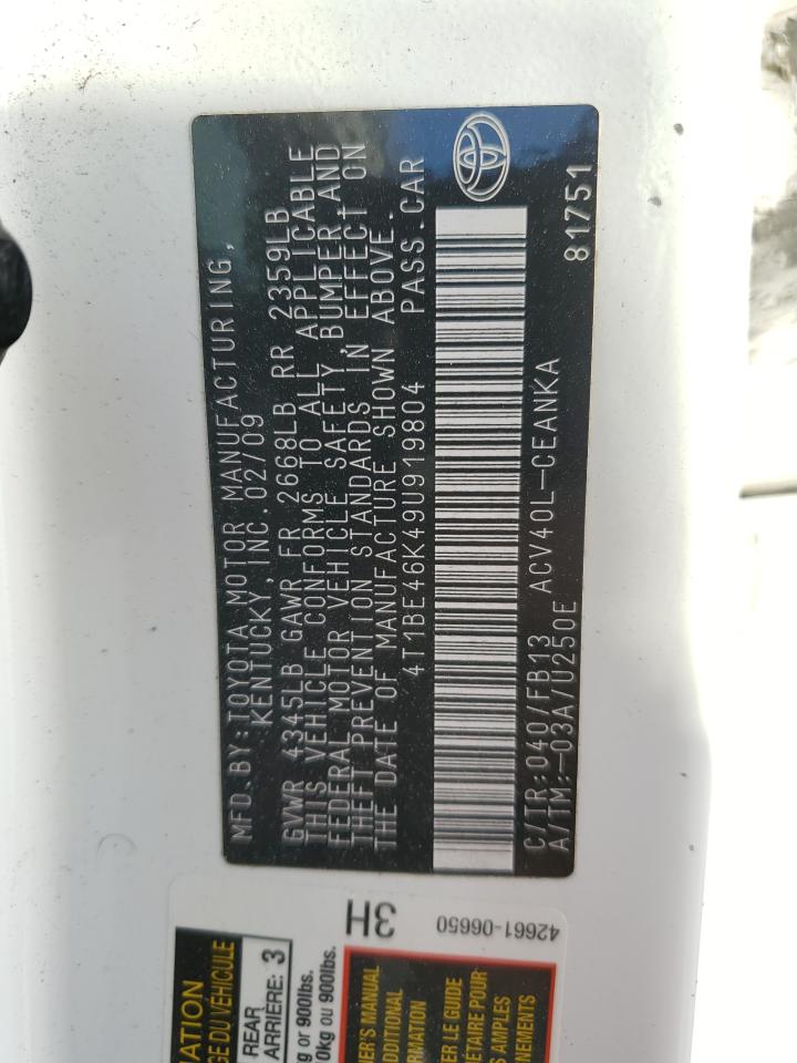2009 Toyota Camry VIN 4T1BE46K49U919804 Copart auction photo, all over damage thumbnail 14