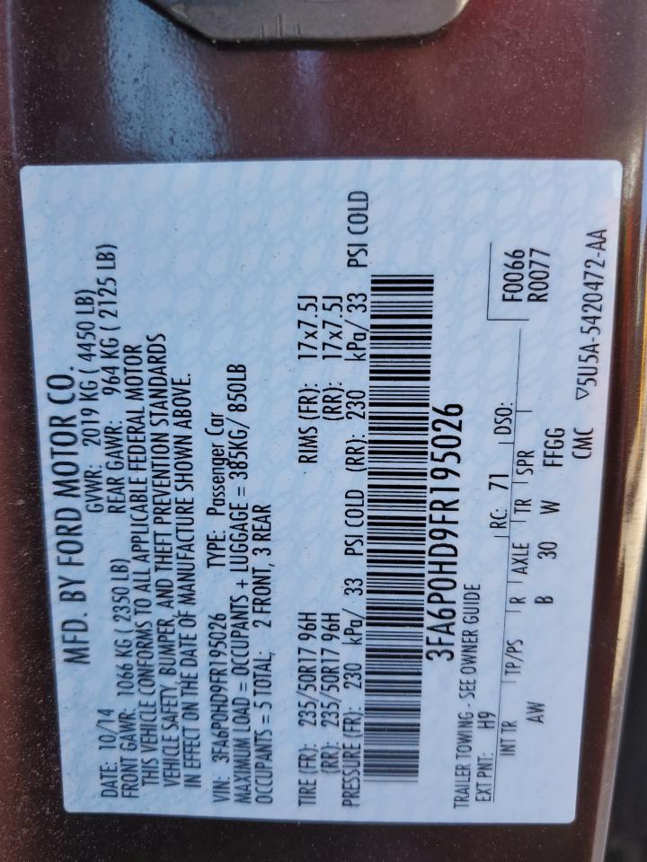 2015 Ford Fusion VIN 3FA6P0HD9FR195026 Copart auction photo, side / rear end damage thumbnail 12