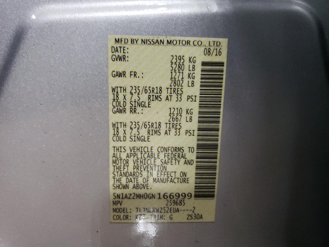2016 Nissan Murano VIN 5N1AZ2MH0GN166999 Copart auction photo, rear end damage thumbnail 14