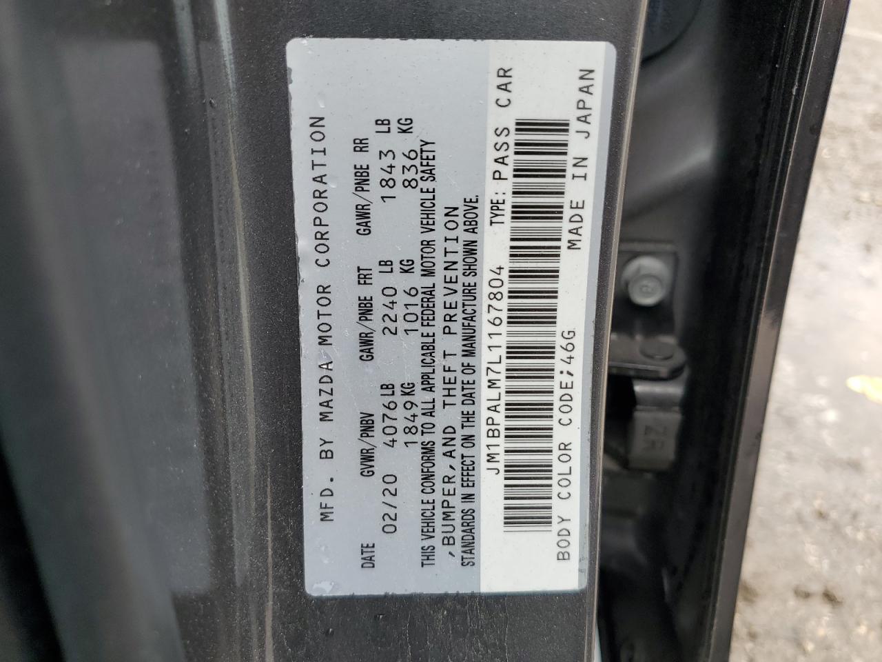 2020 Mazda 3 VIN JM1BPALM7L1167804 Copart auction photo, front end / minor dent/scratches damage thumbnail 14