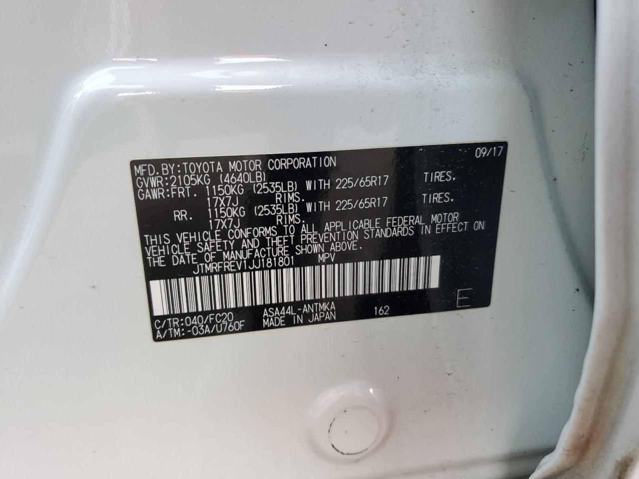 2018 Toyota RAV 4 VIN JTMRFREV1JJ181801 Copart auction photo, front end / minor dent/scratches damage thumbnail 13