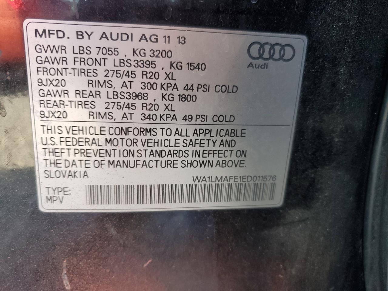 2014 Audi Q7 VIN WA1LMAFE1ED011576 Copart auction photo, top/roof / side damage thumbnail 12