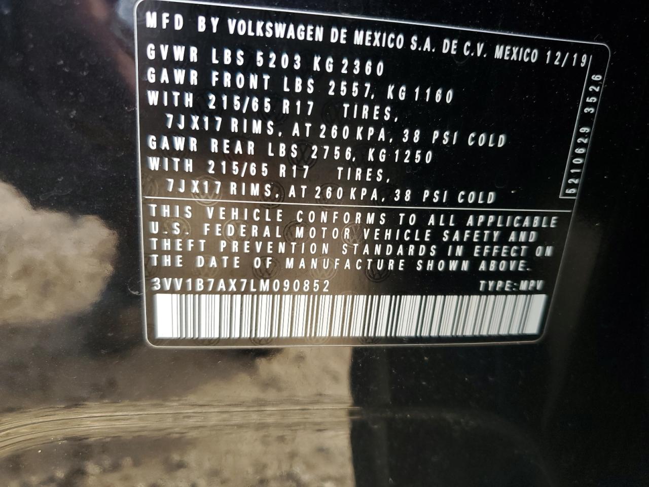 2020 Volkswagen Tiguan VIN 3VV1B7AX7LM090852 Copart auction photo, all over damage thumbnail 13