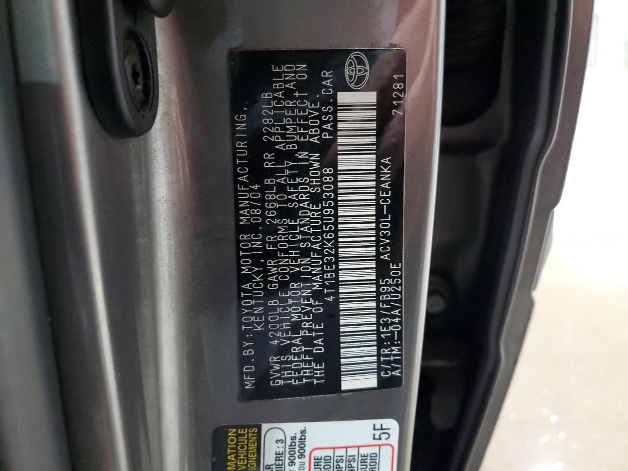 2005 Toyota Camry VIN 4T1BE32K65U953088 Copart auction photo, front end damage thumbnail 12