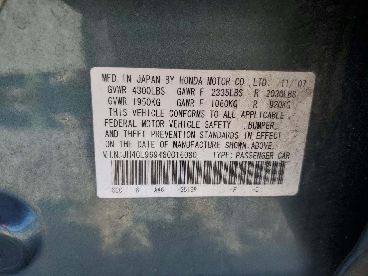 2008 Acura TSX VIN JH4CL96948C016080 Copart auction photo, all over damage thumbnail 14