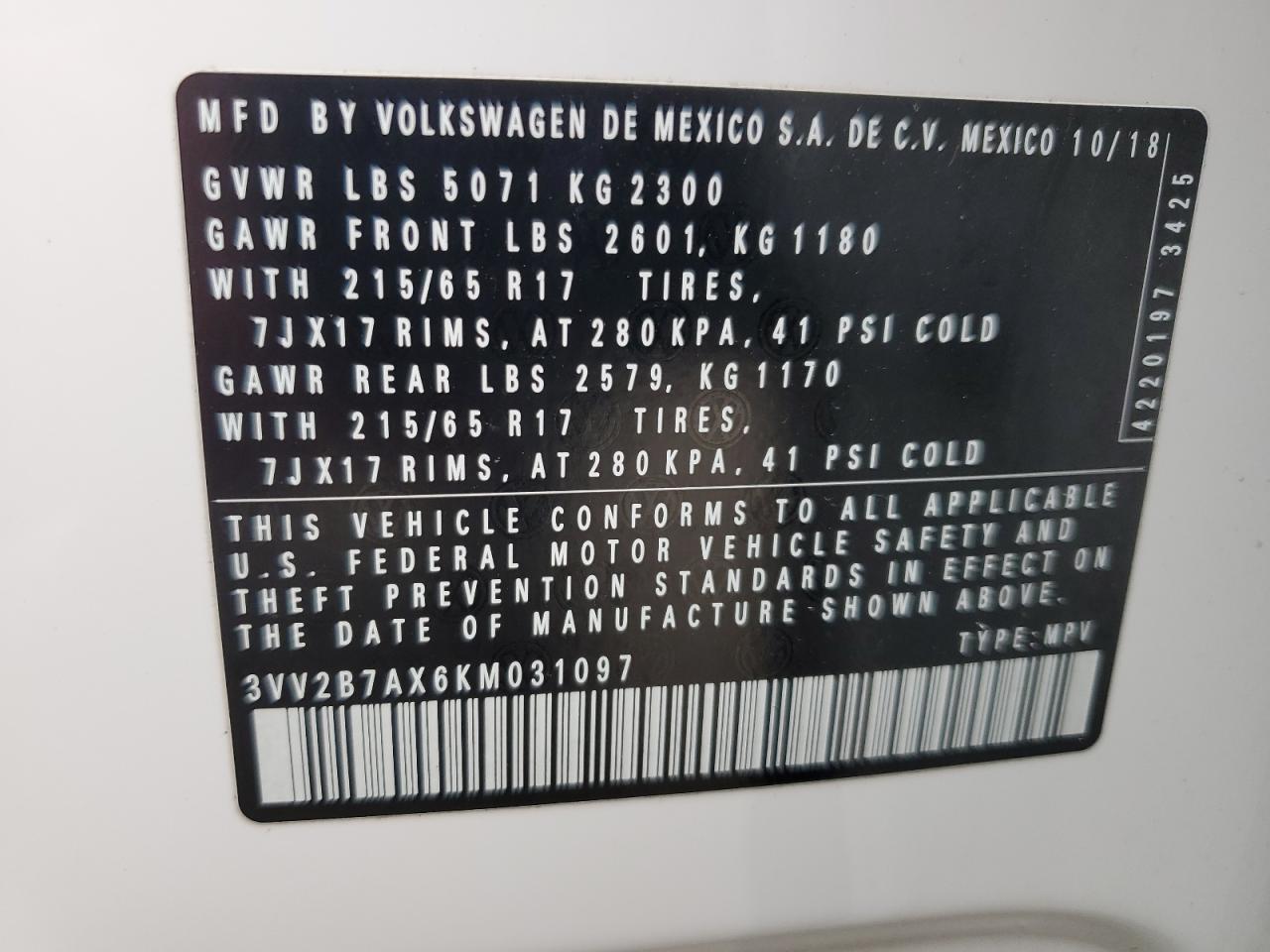 2019 Volkswagen Tiguan VIN 3VV2B7AX6KM031097 Copart auction photo, front end / rear end damage thumbnail 12