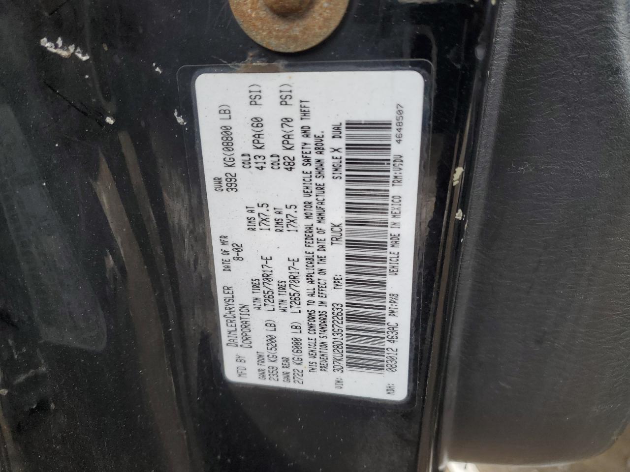 2003 Dodge RAM VIN 3D7KU28D13G722633 Copart auction photo, front end / rear end damage thumbnail 14