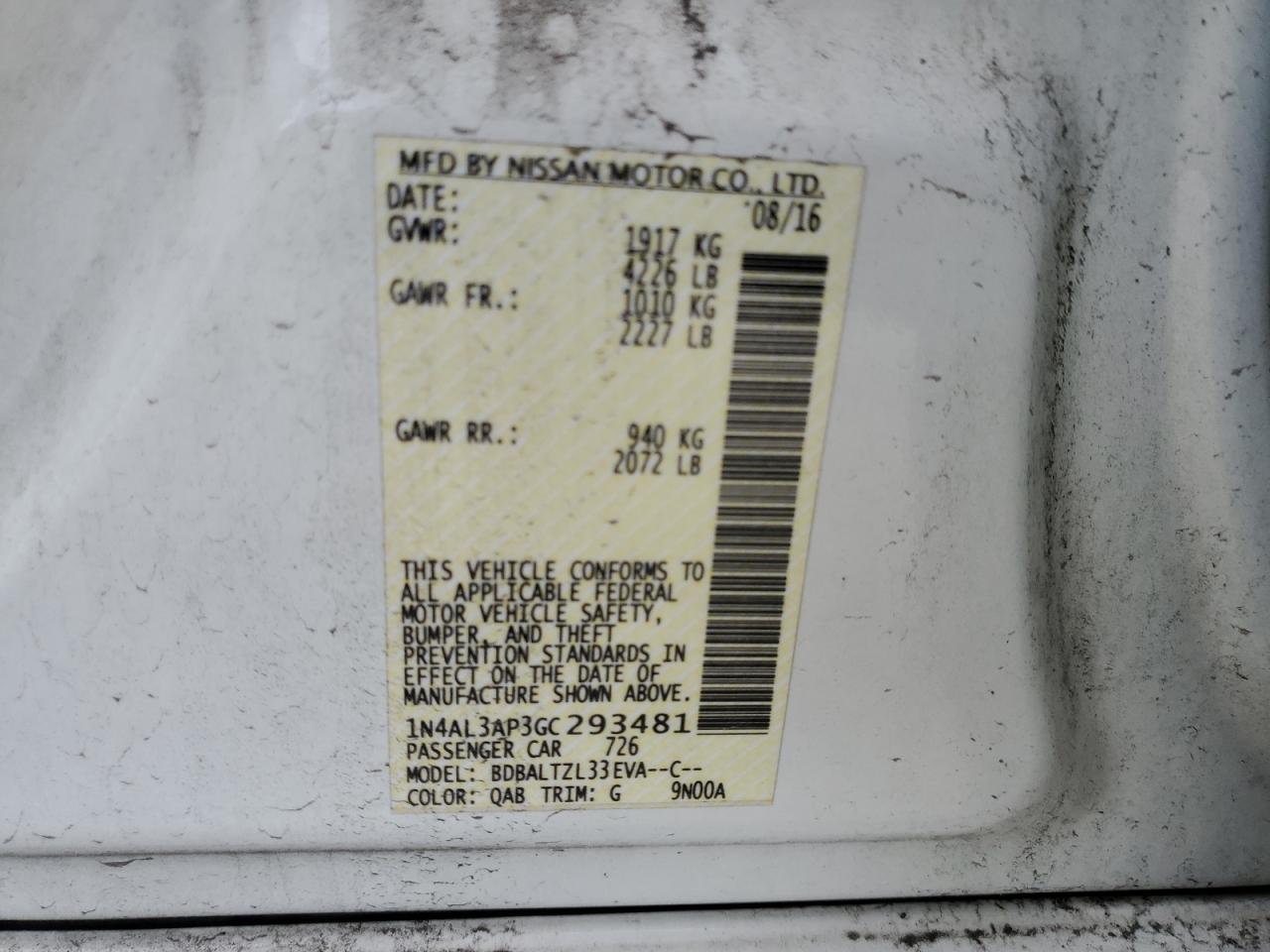 2016 Nissan Altima VIN 1N4AL3AP3GC293481 Copart auction photo, undercarriage damage thumbnail 12