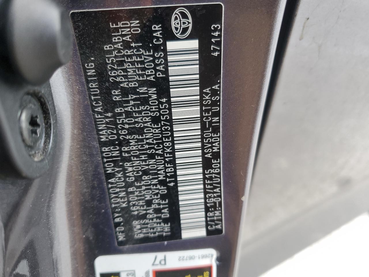2014 Toyota Camry VIN 4T1BF1FK8EU375054 Copart auction photo, front end / rear end damage thumbnail 13