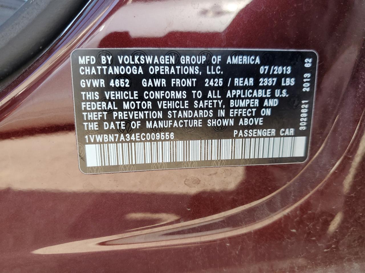 2014 Volkswagen Passat VIN 1VWBN7A34EC009556 Copart auction photo, minor dent/scratches damage thumbnail 12