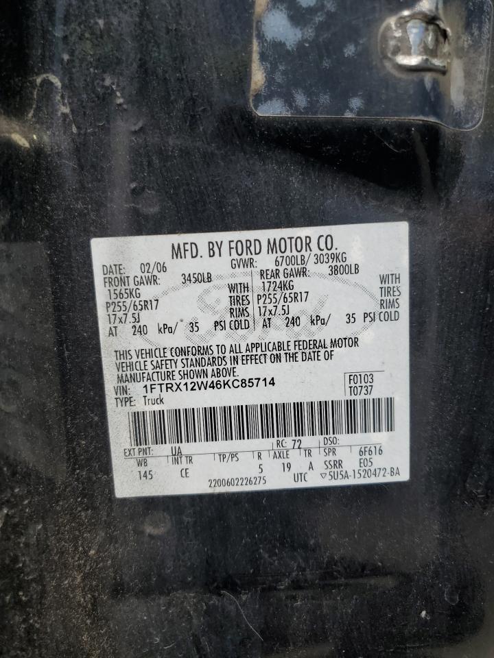 2006 Ford F-150 VIN 1FTRX12W46KC85714 Copart auction photo, all over damage thumbnail 12