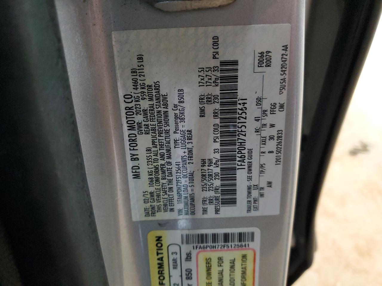 2015 Ford Fusion VIN 1FA6P0H72F5125641 Copart auction photo, front end damage thumbnail 12