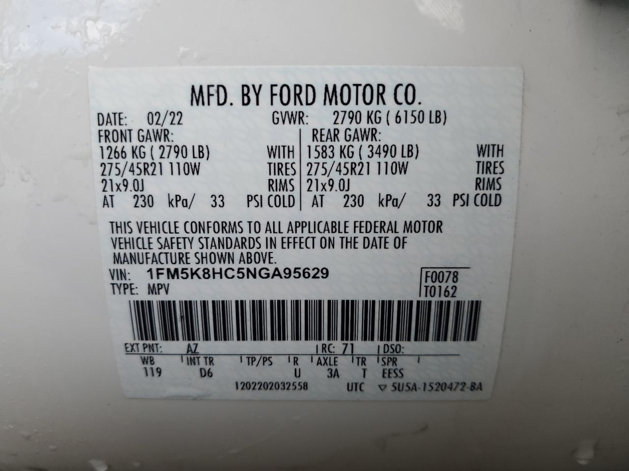 2022 Ford Explorer VIN 1FM5K8HC5NGA95629 Copart auction photo, front end damage thumbnail 13