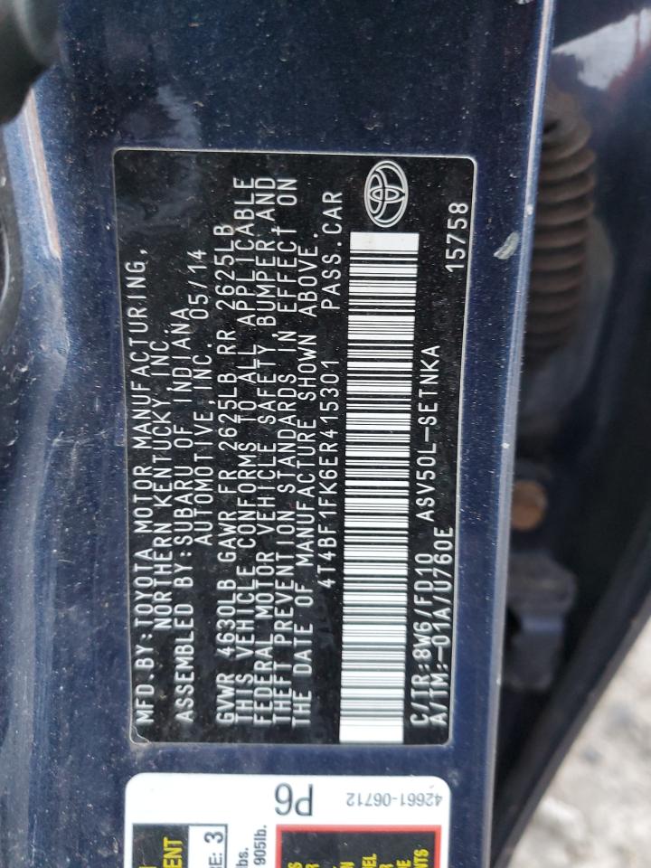 2014 Toyota Camry VIN 4T4BF1FK6ER415301 Copart auction photo, rear end / front end damage thumbnail 13