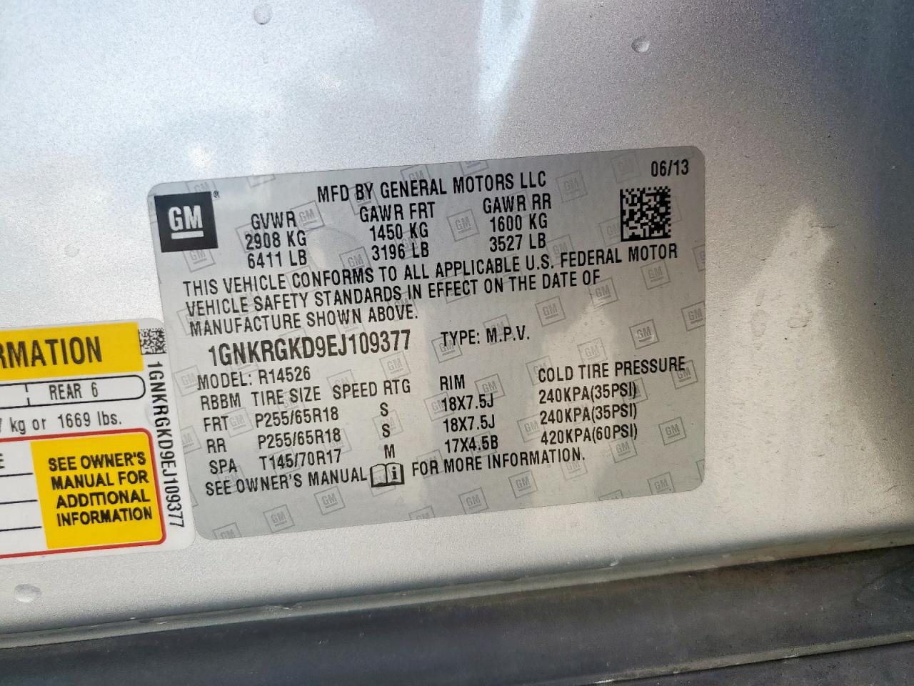 2014 Chevrolet Traverse VIN 1GNKRGKD9EJ109377 Copart auction photo, water/flood damage thumbnail 13