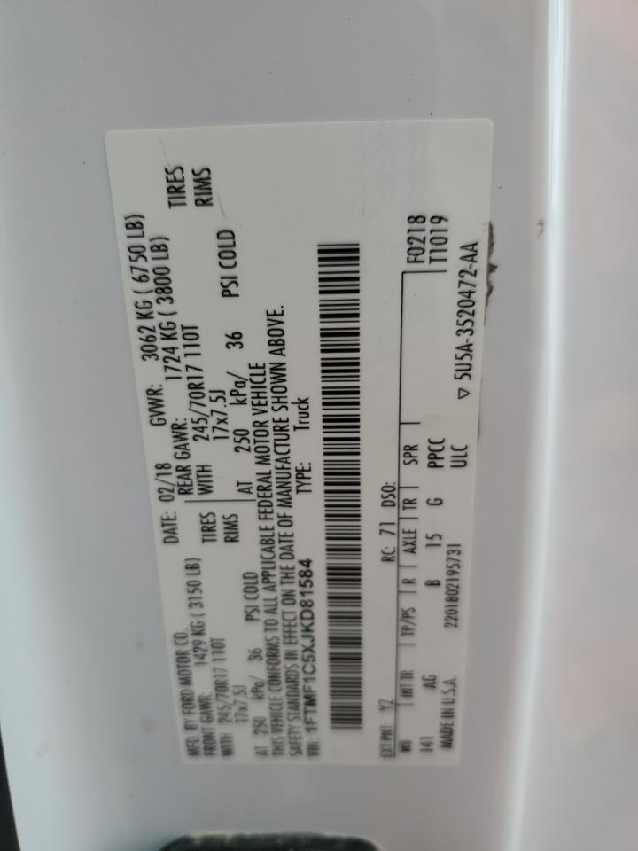 2018 Ford F-150 VIN 1FTMF1C5XJKD81584 Copart auction photo, side / front end damage thumbnail 12