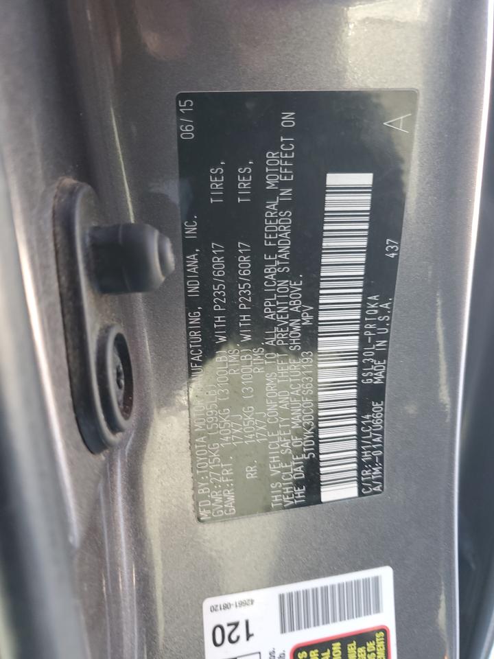 2015 Toyota Sienna VIN 5TDYK3DC0FS631193 Copart auction photo, front end damage thumbnail 16