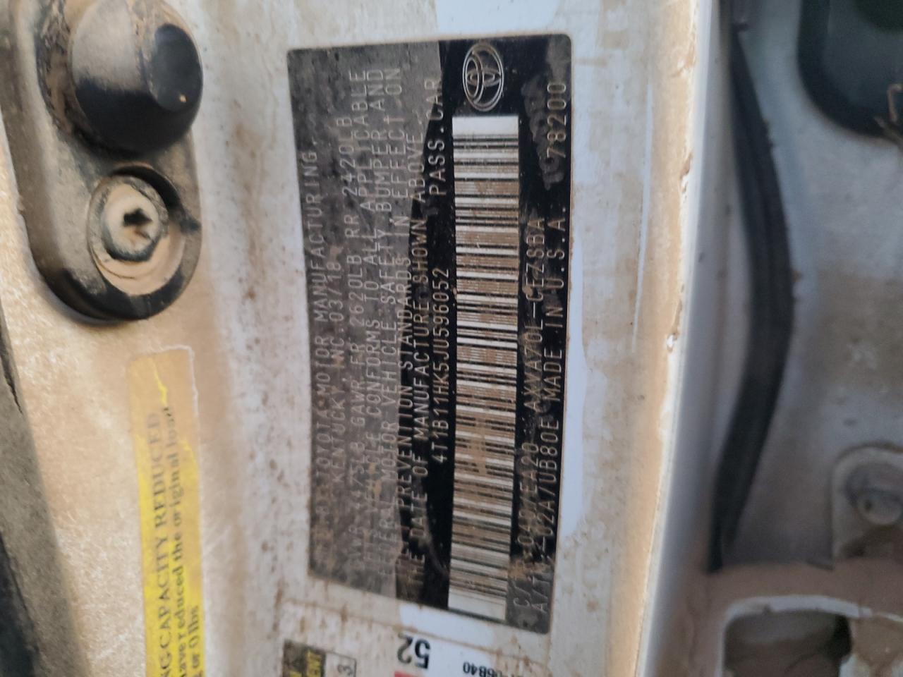 2018 Toyota Camry VIN 4T1B11HK5JU596052 Copart auction photo, water/flood damage thumbnail 13