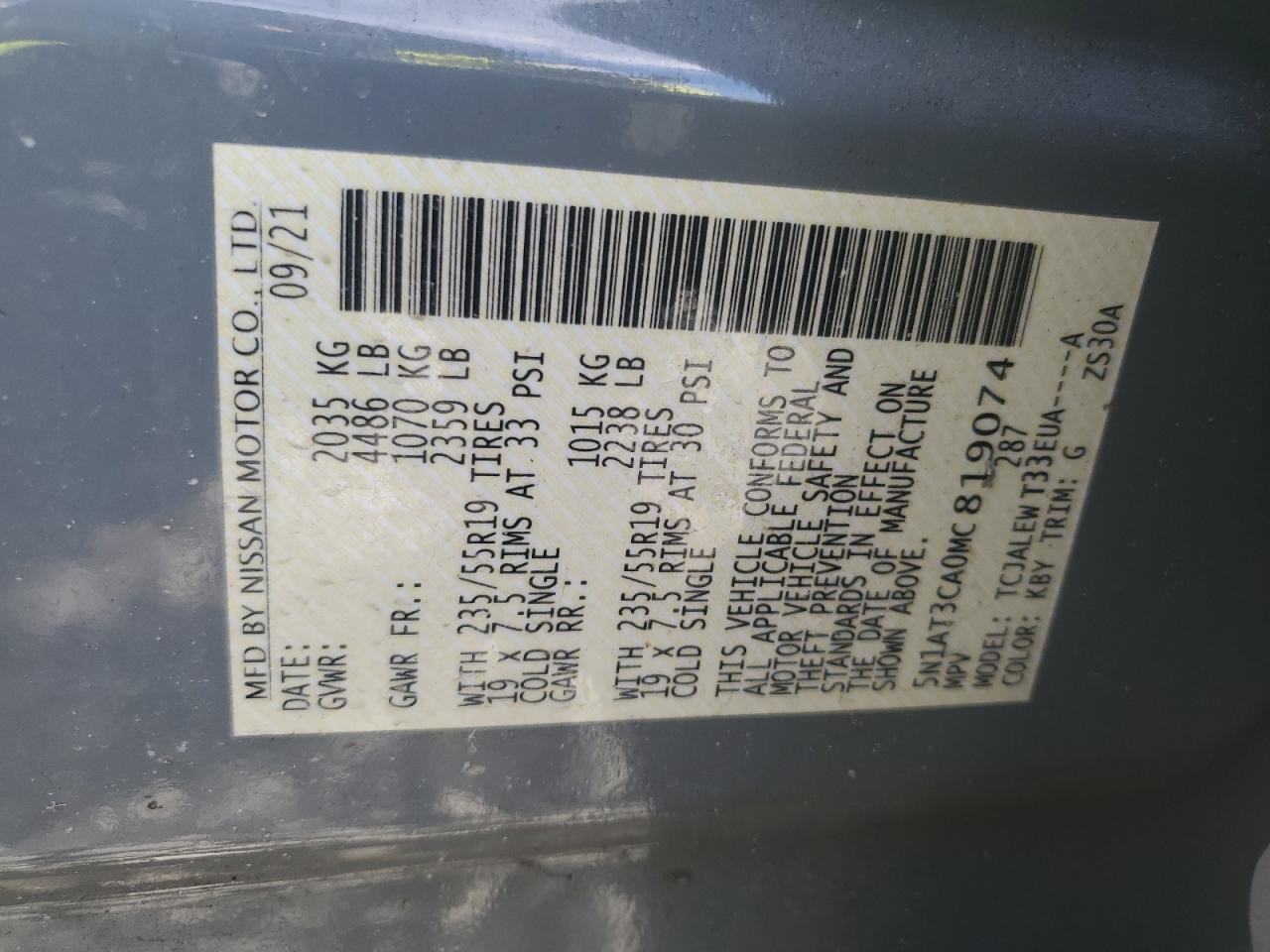 2021 Nissan Rogue VIN 5N1AT3CA0MC819074 Copart auction photo, front end damage thumbnail 16