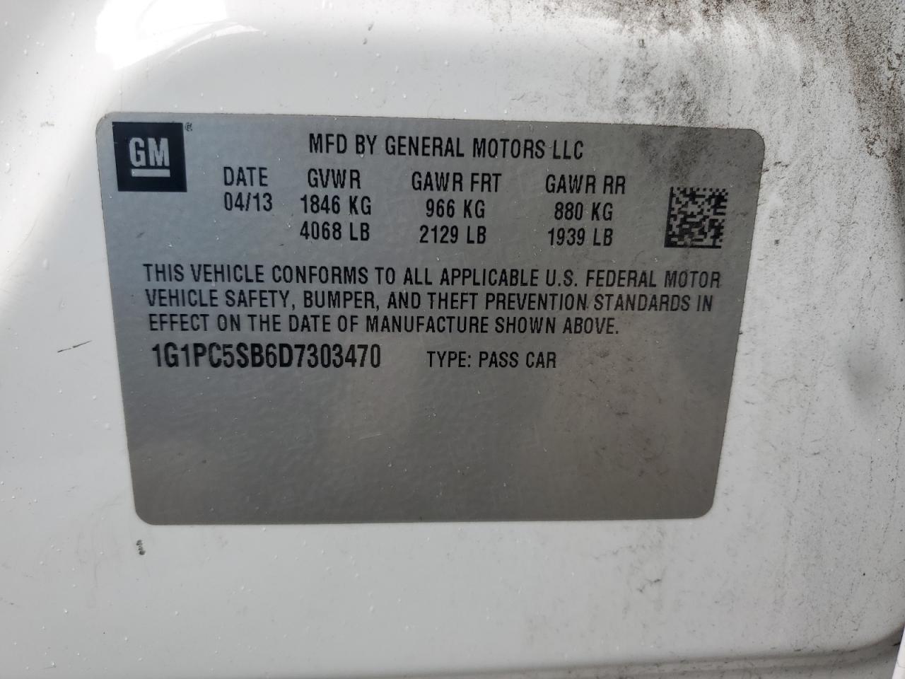 2013 Chevrolet Cruze VIN 1G1PC5SB6D7303470 Copart auction photo, front end / rear end damage thumbnail 12