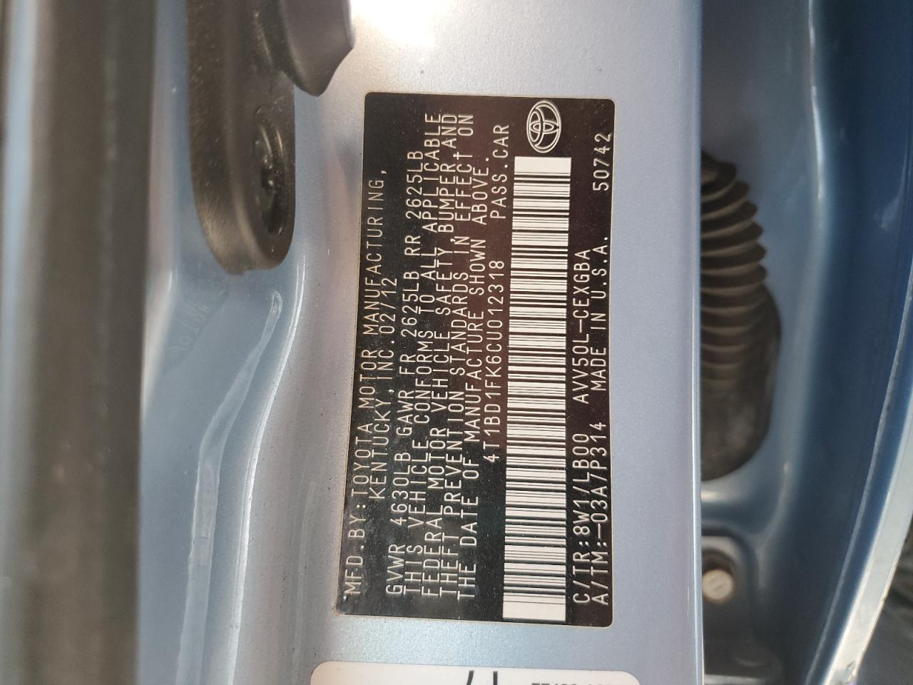 2012 Toyota Camry VIN 4T1BD1FK6CU012318 Copart auction photo, front end / side damage thumbnail 12