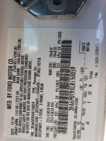 2020 Ford Fusion VIN 3FA6P0T9XLR150059 Copart auction photo, side damage thumbnail 12
