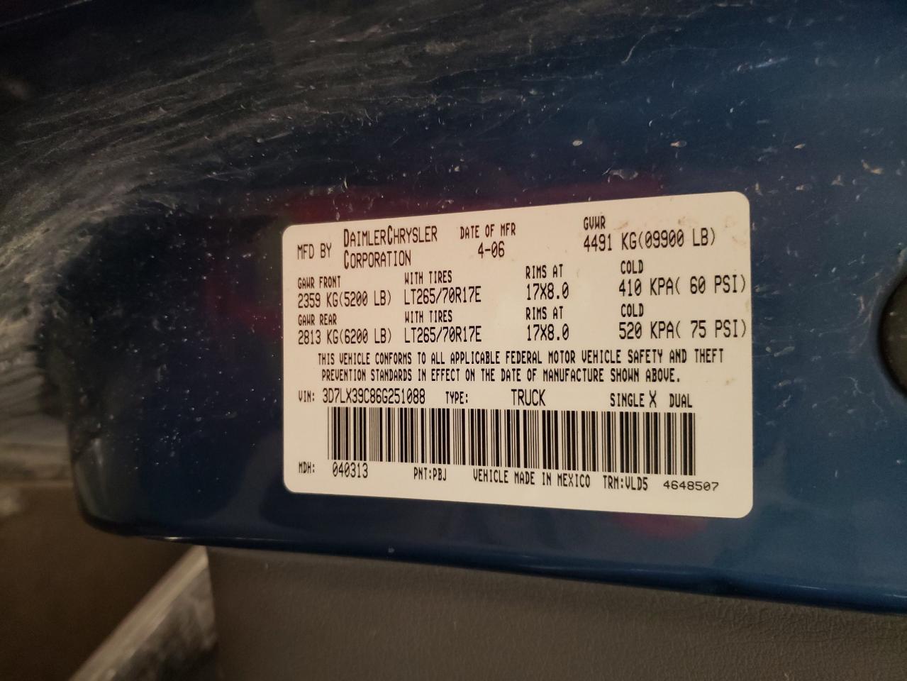 2006 Dodge RAM VIN 3D7LX39C86G251088 Copart auction photo, front end damage thumbnail 12