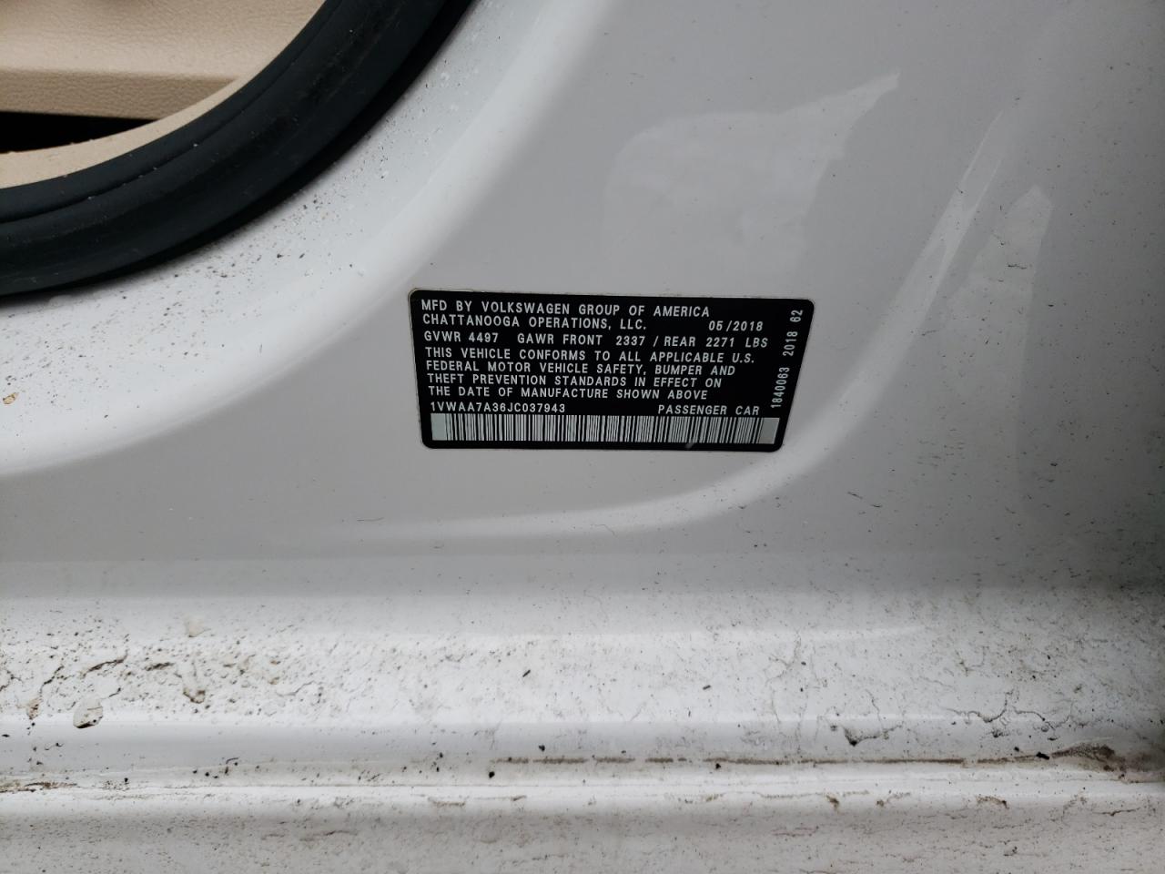2018 Volkswagen Passat VIN 1VWAA7A36JC037943 Copart auction photo, front end / mechanical damage thumbnail 12