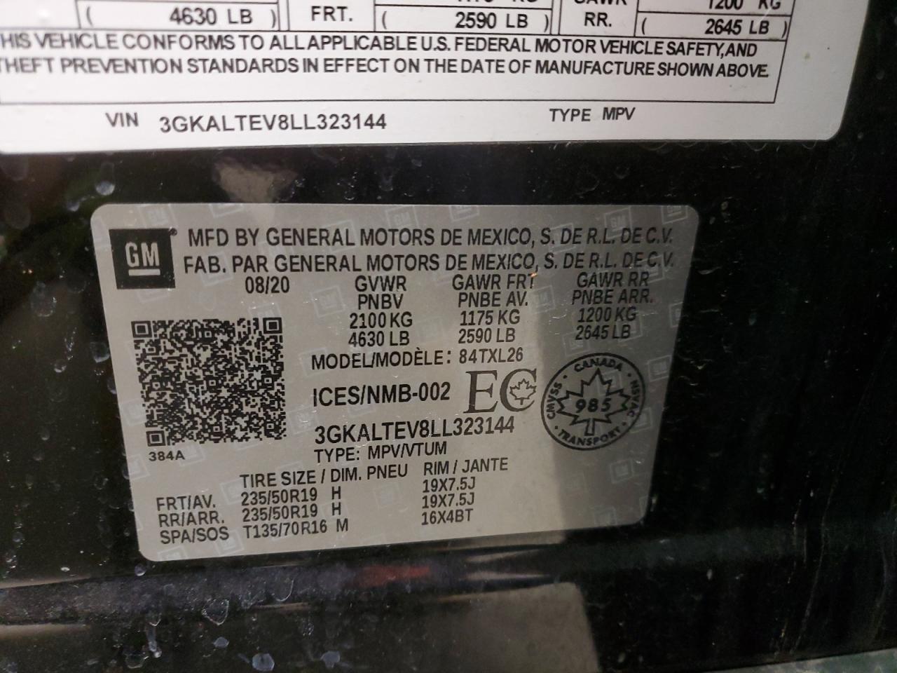 2020 GMC Terrain VIN 3GKALTEV8LL323144 Copart auction photo, front end / side damage thumbnail 14