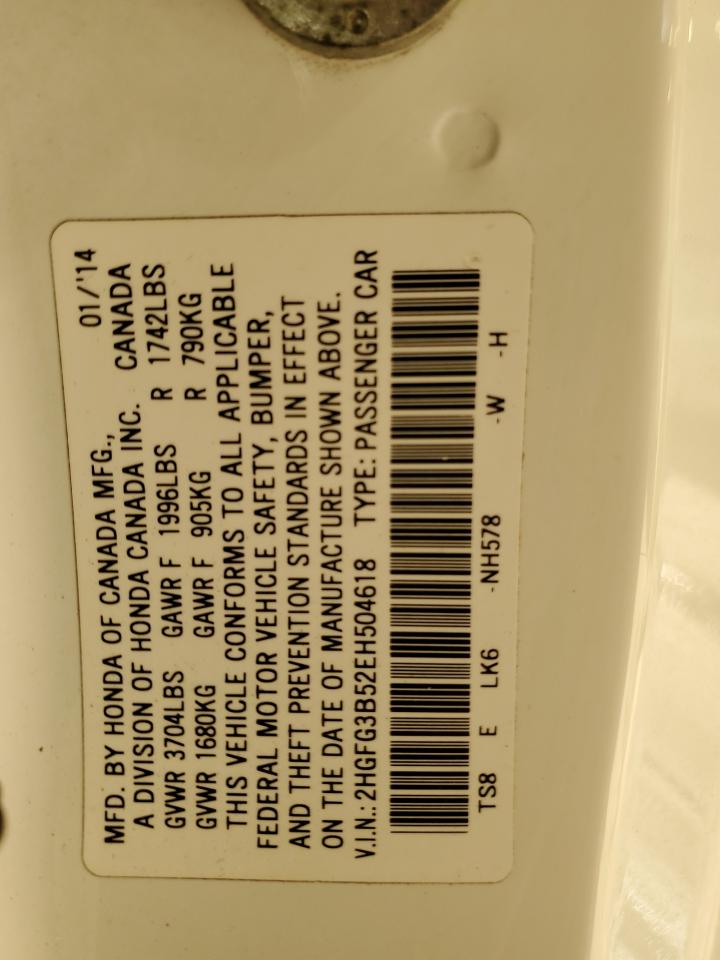 2014 Honda Civic VIN 2HGFG3B52EH504618 Copart auction photo, side / front end damage thumbnail 12