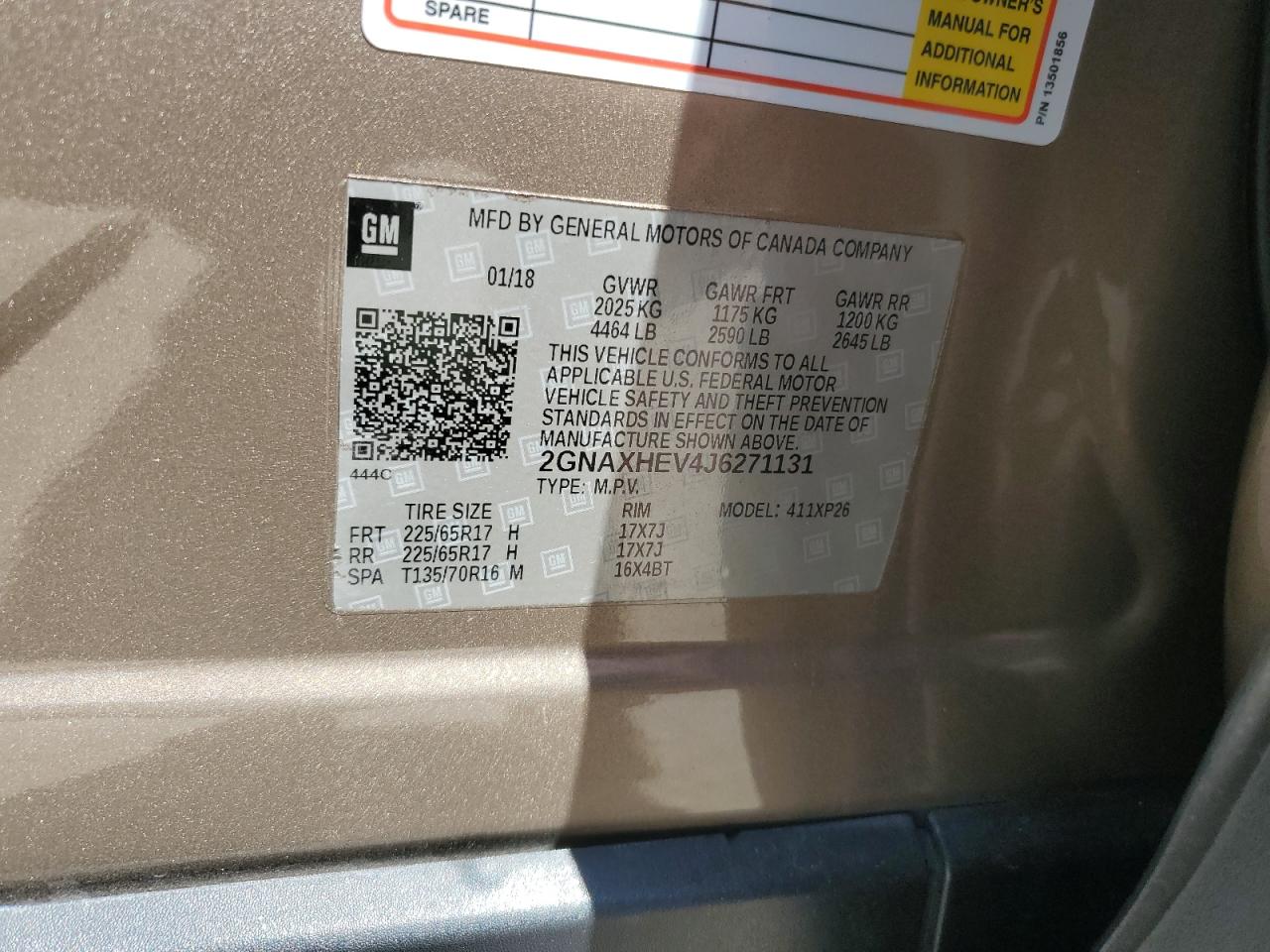 2018 Chevrolet Equinox VIN 2GNAXHEV4J6271131 Copart auction photo, front end / side damage thumbnail 15