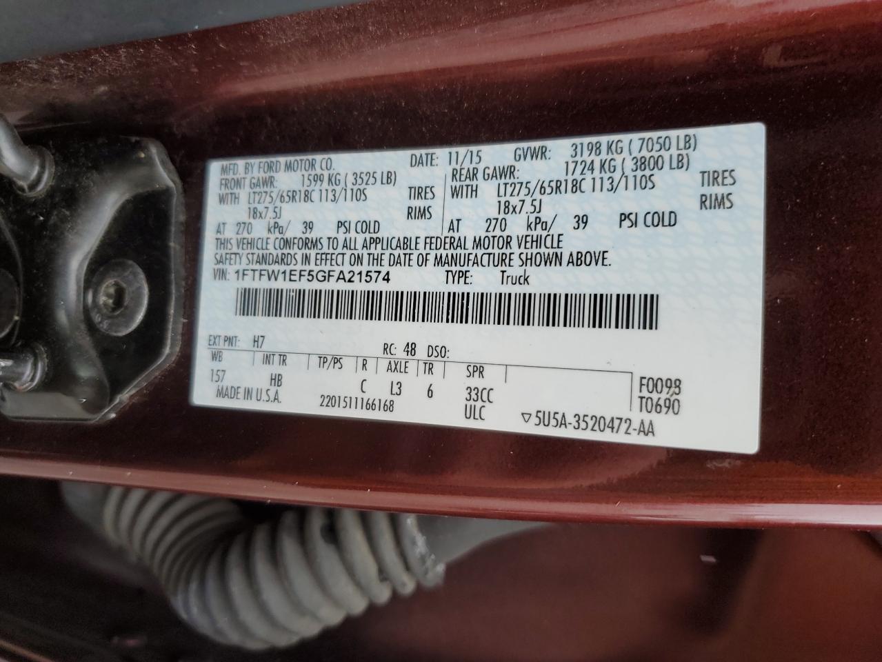 2016 Ford F-150 VIN 1FTFW1EF5GFA21574 Copart auction photo, front end / side damage thumbnail 14
