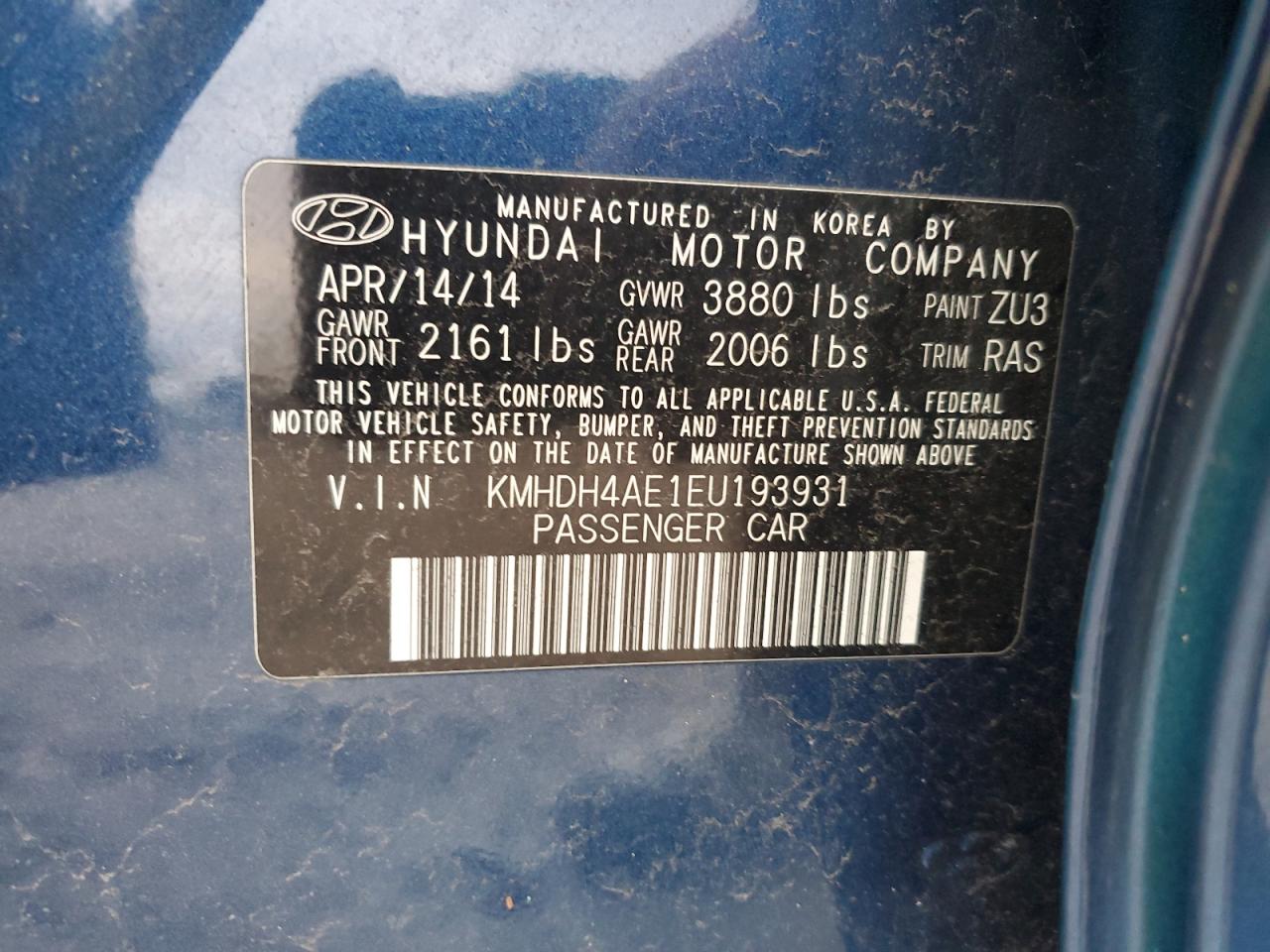 2014 Hyundai Elantra VIN KMHDH4AE1EU193931 Copart auction photo, rear end damage thumbnail 14