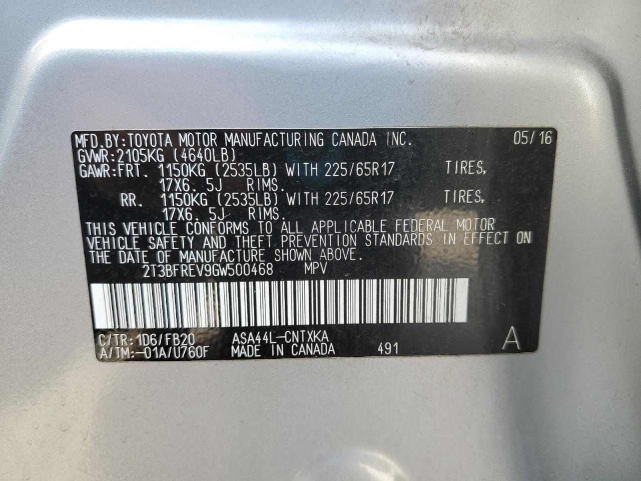 2016 Toyota RAV 4 VIN 2T3BFREV9GW500468 Copart auction photo, front end damage thumbnail 14