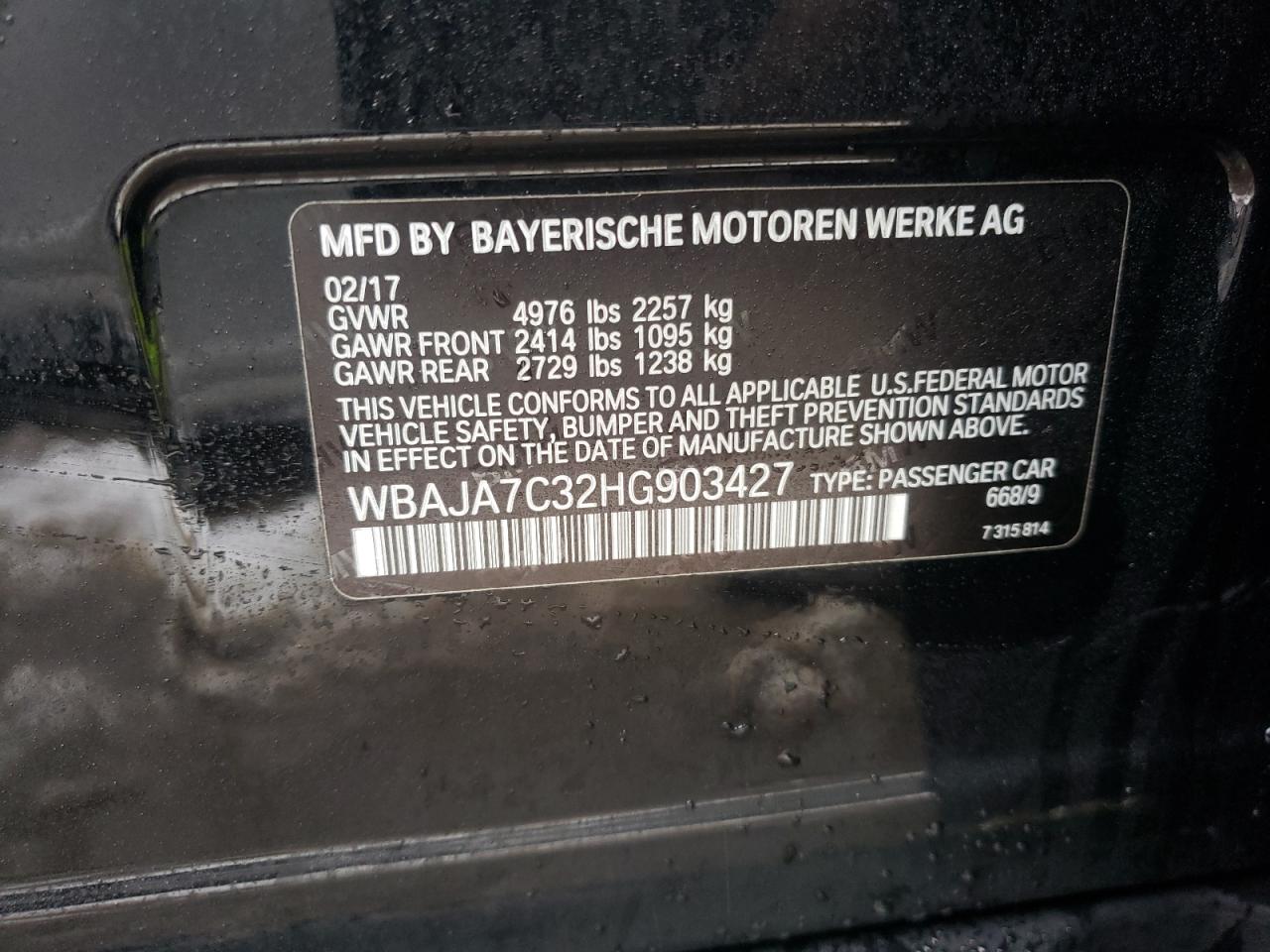 2017 BMW 5er VIN WBAJA7C32HG903427 Copart auction photo, front end damage thumbnail 13